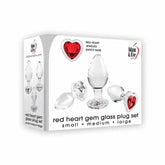 Adam and Eve Red Heart Gem Glass Butt Plug Set Clear 3 sizes